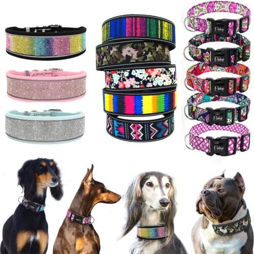 Wide Size Collar for Large Dogs Reflective Pet Dogs Collars Soft Padded Pitbull German Shepherd With Bling Rhinestone S M L