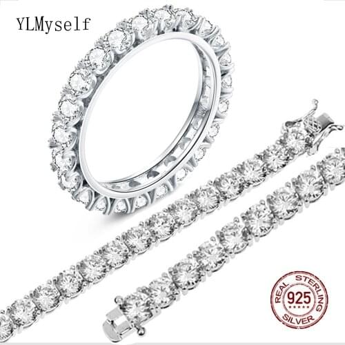 Solid Real 925 Sterling Silver Tennis Bracelet(15-21CM) + Ring (Size 5-9) Sets 4mm Zircon Fine Jewelry for Men/Women