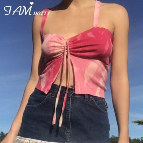 Patchwork Bandage Tie Dye Print Y2K Crop Top Tee Women Sexy Split Pink Cute Camisole Summer Beach Party Club Corset 90s Iamhotty
