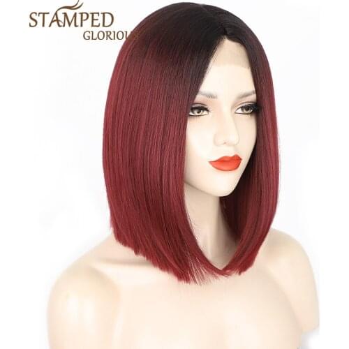 Stamped Glorious Short Straight Synthetic Bob Wigs for Women Middle Part Ombre Black Red Short Wig High Temperature Cosplay Wigs