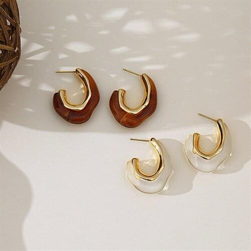 Vintage Trendy Transparent Resin Circle Earrings For Women 925 Silver Needle Ear Studs Fashion Irregular Earrings New Jewelry