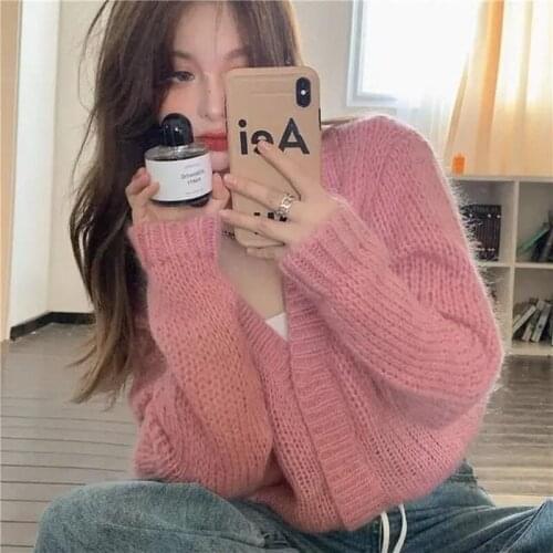 Knitted Sweater Cardigan Coat Womens Spring and Autumn New Loose Outer Wear Pink Gentle V-neck Short Top