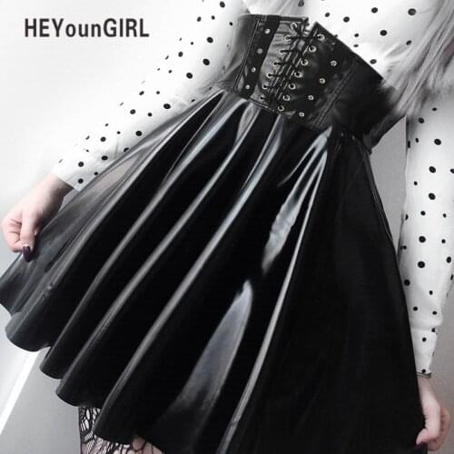 HEYounGIRL Punk Harajuku Faux Leather Skirt Casual Loose Black Mini Pleated Skirt Korean Pu High Waist Skirts Womens Dancing