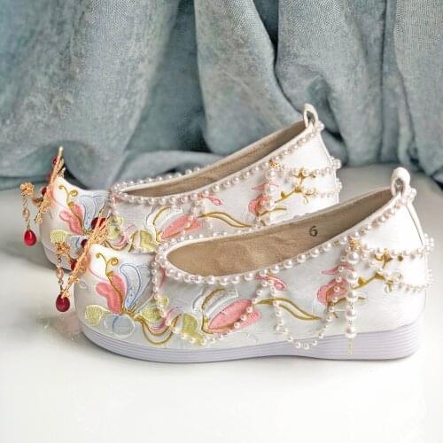 Phoenix Crown Women Round Toe Embroidery Floral Hanfu Chinese Style Hidden Heel Pearls Shoes