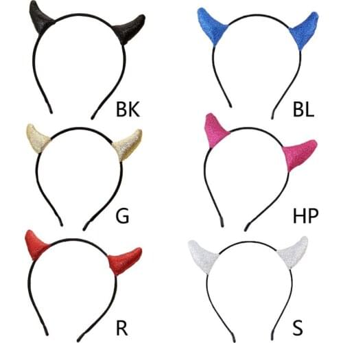 Womens Halloween Headband Glitter Sequins Devil Ox Horn Ears Hair Hoop Demon Cosplay Costume Masquerade Party Headpiece