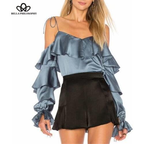 Bella Philosophy women flare full sleeve shirt sexy ladies off shoulder blouse slash neck female ruffle blouse blusas