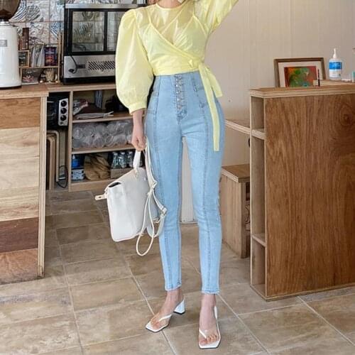 Women Streetwear Denim Skinny Trousers 2021 High Waist Ruffles Women Jeans Pants Single-Breasted Female Pencil Jeans