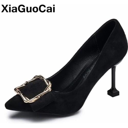 2019 Women Pumps New Arrival Female Thin High Heel Shoes Red Sexy Mature Pointed Toe Flock Metal Decoration Ladies Wedding Shoes