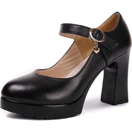 Women Mary Jane Platform High Heels Genuine Leather Shallow Hoof Heels Elegant Office Lady Court Shoes Size 34-40 WP143