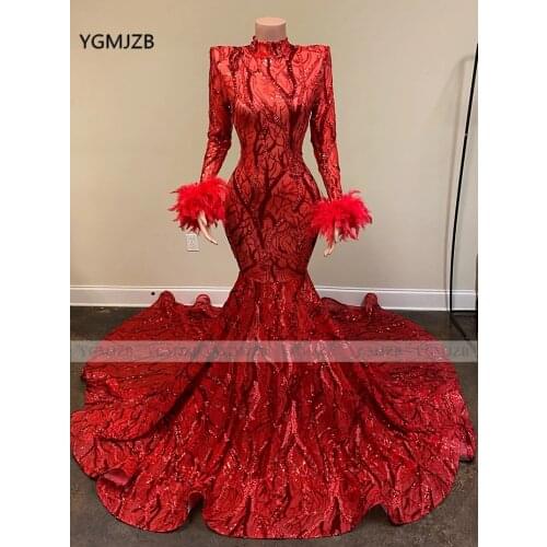 Sparkling Sequin Women African Evening Dress Mermaid 2020 Long Sleeves with Feather Formal Dresses Evening Gown Celebrity Dress