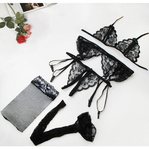 4Pcs Sexy Intimates Women Transparent Lace Slip Dress Erotic Lingerie Femme Sexy Shop Garters Bras And Panty Set Petticoat Woman