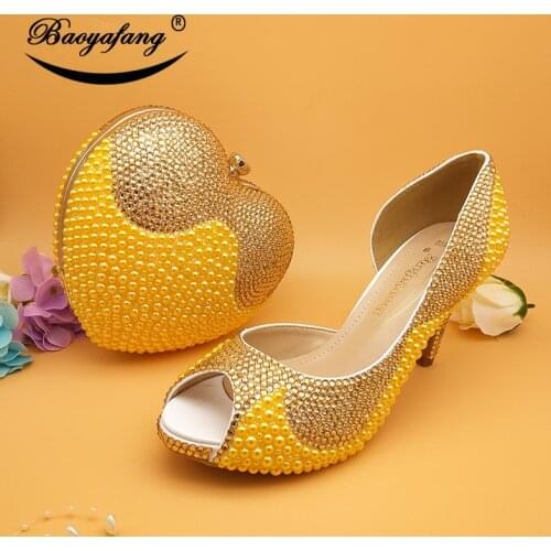 BaoYaFang Golden rhinestone Women wedding shoes with matching bags woman Open Toe Platform shoes female Pumps Fish Toe Open Side