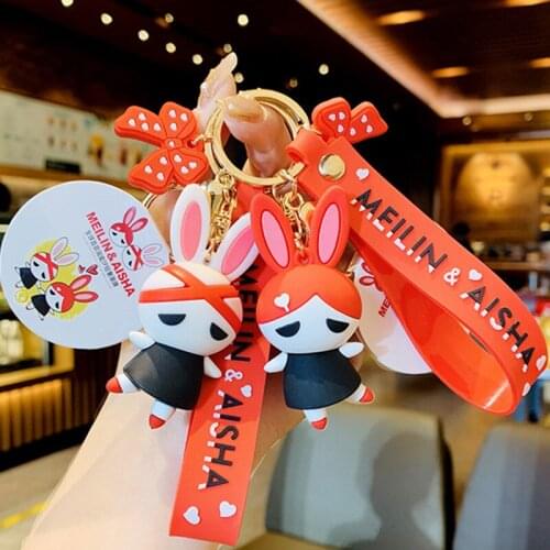 Cartoon Best Friend Bunny Rabbits Animal Keychain Keyring Rubber wristband Anime Lovely Girl Accessories Key Chains Pendant D763