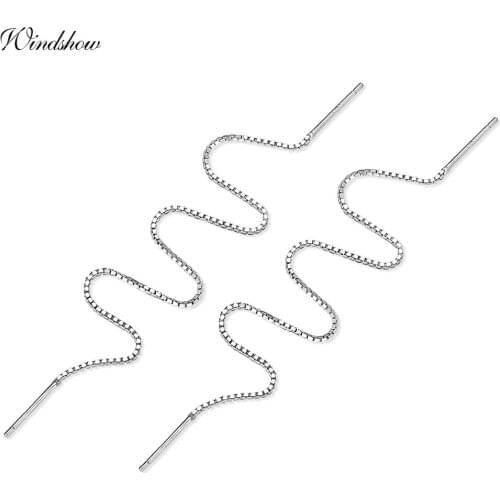 925 Sterling Silver Theader Through Box Chain Drop Dangle Long Earrings For Women Girls Aros Party Jewelry boucles d'oreilles