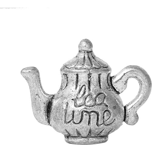 DoreenBeads Charm Pendants Teapot Silver Color Message Pattern " tea time " 16mm(5/8")x 13mm(4/8"),30 PCs