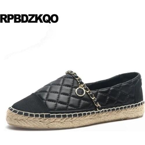 Designer Shoes China Women Slip On Flats Rope Round Toe 2021 High Quality Genuine Leather Espadrilles Black Chain Chinese Metal
