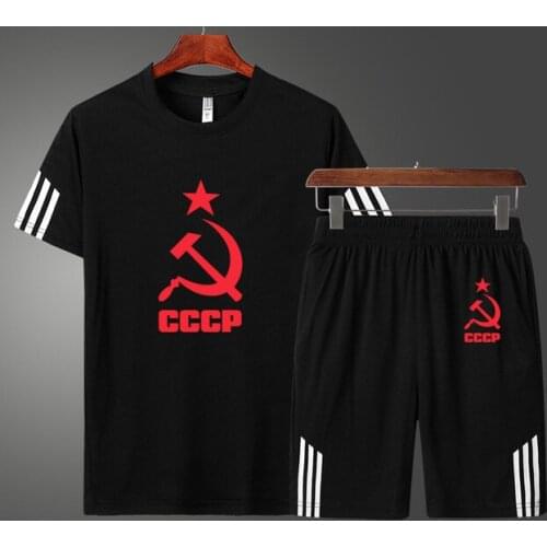 Summer Unique CCCP Russian USSR Soviet Union Mens T-shirt high quality Cotton Mens short sleeve + shorts two-piece suit