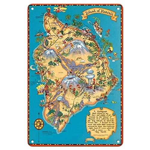 Hawaiian Island of Hawaii (Big Island) Map - Hawaii Tourist Bureau Metal Tin Sign