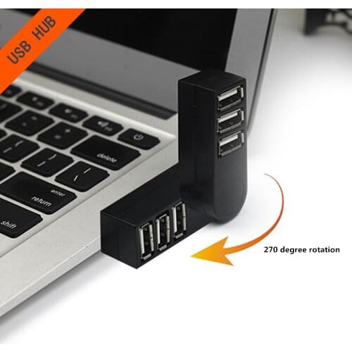 Mini 3-Port USB 2.0 Rotary Splitter Adapter Hub For PC Laptop Notebook Black