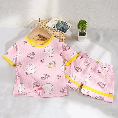 2021 summer new boys' and girls' cute cartoon printed housewear babys solid color comfortable short sleeve loose pajamas