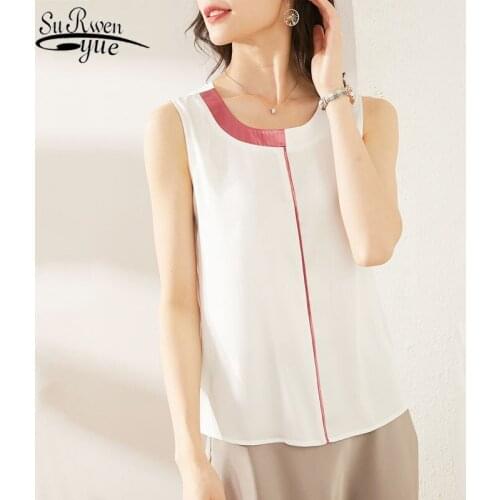 New Style Shirt All-match Simple Slim Simulation Silk Chiffon Shirt Contrast Color Satin Out Wear Small Vest Female Summer 9612