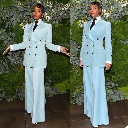 Solid Sky Blue Woman Suit Double Breasted 2021 New Design High Street Notched Collar Party Fashion Jacket Pant Female