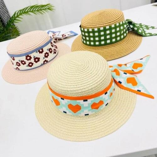 INS Childrens Straw Hats Girls Sunshade Streamers Beach Hats Little Princess British Flat Top Casual Sun Caps Gorros
