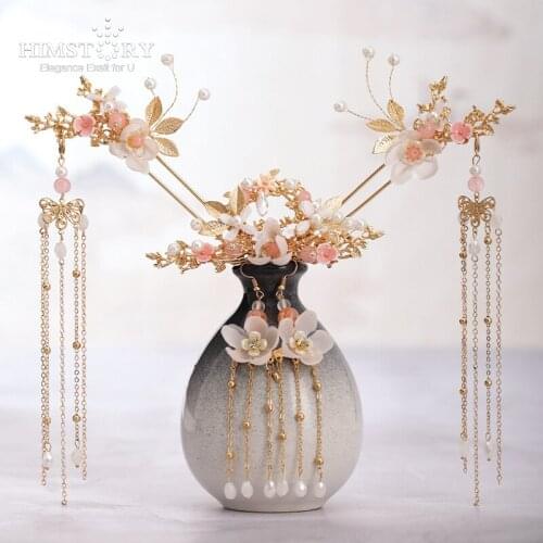 HIMSTORY Girls Pink Hanfu Step Shake Headdress Ancient Chinese Wedding Bride Flower Tassel Hair Sticks Hairpins Hair Accessories