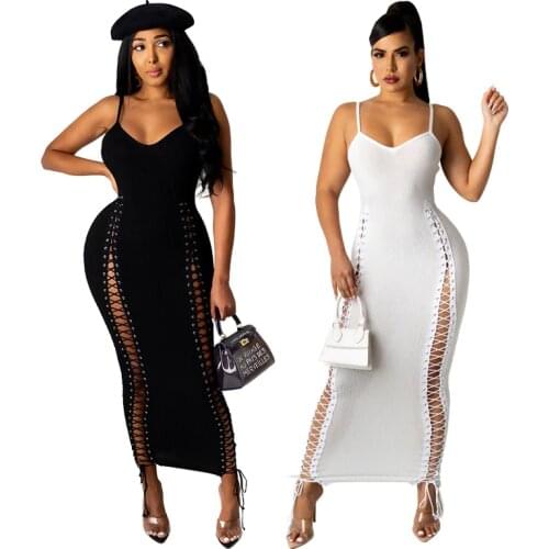 Sexy Long Maxi Dress Spaghetti Strap Sleeveless Deep V Neck Knitted Lace Up Bandage Bodycon Dress Slim Package Hip Dress