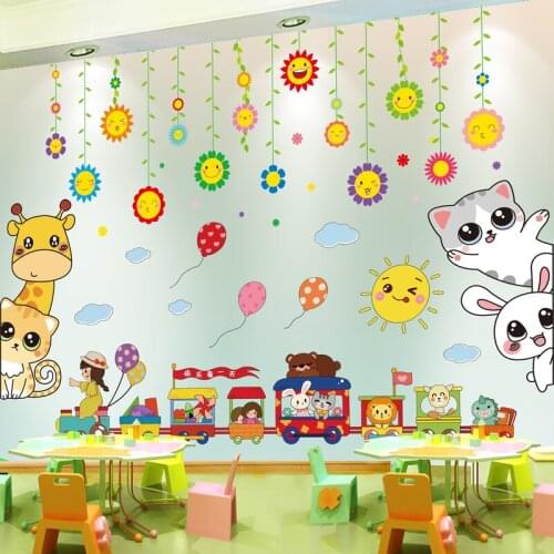 [shijuekongjian] Cartoon Animals Train Wall Stickers DIY Flowers Plants Wall Decals for Baby Bedroom Kids Rooms House Decoration