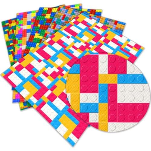 Building Blocks pattern Faux Leather Sheet Color Printed Synthetic Leather Fabric Sheet for DIY Bows Earrings Making 22x30cm