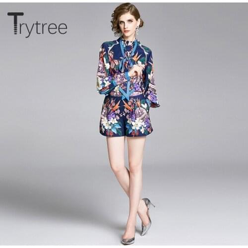 Trytree 2020 Spring Summer Two piece set Casual Stand Collar Print Lantern Sleeve Loose Top + Shorts Pockets Fashion 2 Piece Set