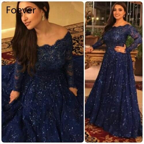 Dubai Evening Gowns Chapel Train Off Shoulder Long Sleeve Royal Blue Lace Evening Dresses