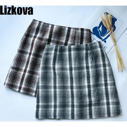 Lizkova Winter 2020 Plaid Vintage Mini Skirt Women Harajuru Style High Waist A-line Casual Jupes FL9212