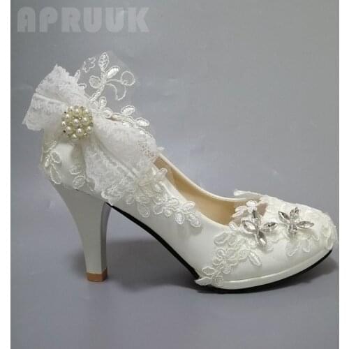 Womens wedding shoes white lace plus size butterfly-knot bow party ladies proms dress ceremony dancing shoes spring autumn