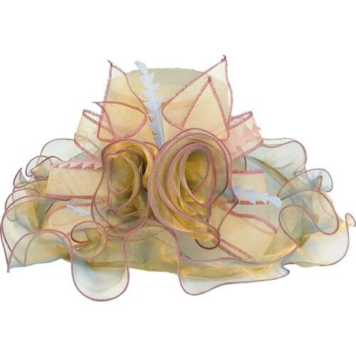 Organza Flower Sun Hats Elegant Women Floarl Vintage Church Wide Large Brim Wedding Natural Summer Lady Party Hat 6 Colors 2019