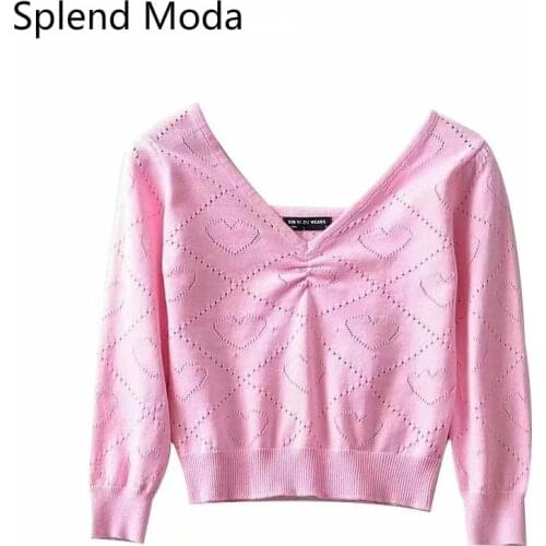 2020 fall vintage V-neck folds pink peach heart hollow knit sweaters thin 3/4 sleeve short crop tops pullover jumpers for woman