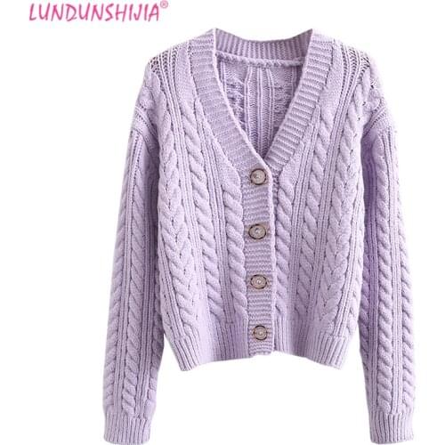 LUNDUNSHIJIA French Style Full Sleeve Cardigans Womens V Neck Female Buttons Knitted Solid Sweaters Autumn Coats
