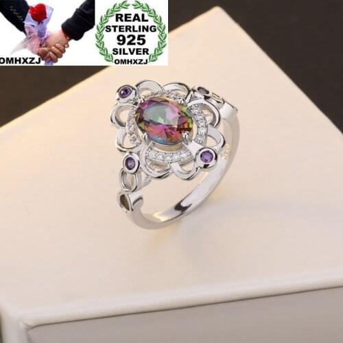 OMHXZJ Wholesale European Fashion Woman Girl Party Wedding Gift Silver Flower Colorful Topaz 925 Sterling Silver Ring RR41