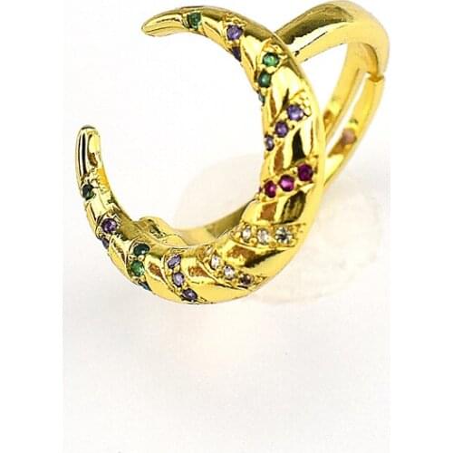 Zirconia Moon Charm Ring Opening Adjustable Crescent Ring Temperament Micro-inlaid Colored Zircon Lady Jewelry Statement