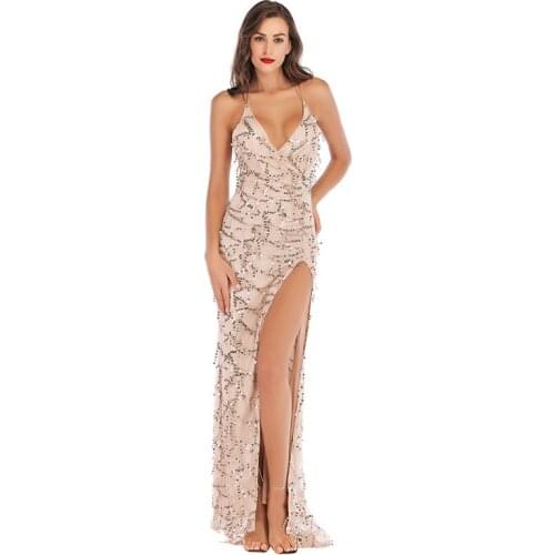 2019 Summer Sexy Sequin Tassel Black Party Dress Deep V-neck Split Long Vestidos Women High Waist Backless Bodycon Dresses