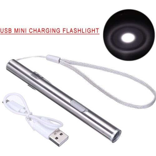 1PC Nursing Flash Lamp Rechargeable Mini LED Flashlight USB Pen Shaped Torch Light 2W Stainless Steel Pen Light