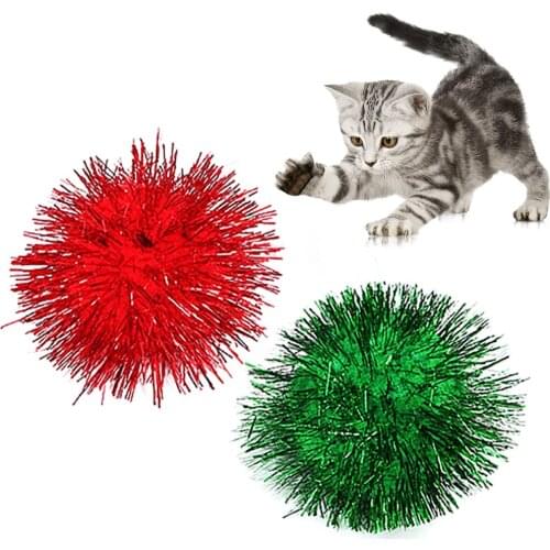 2PCS Legendog Pet Sparkle Ball 2in Anti Biting Tinsel Pom Pom Glitter Pom Pom for Cat Chew Toy Interactive Toys Training Toys