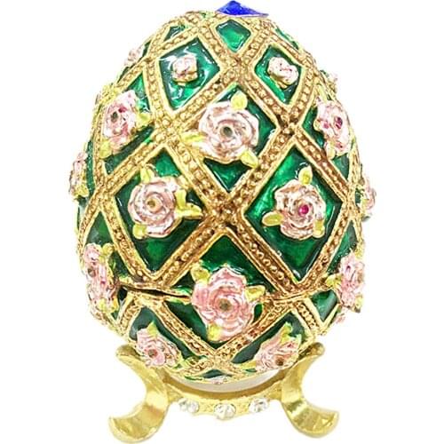 Antique Diamante Metal Crafts Jewelry Trinket Box Jewelry Case Flower Gold Green Egg Christmas Wedding Collectibles