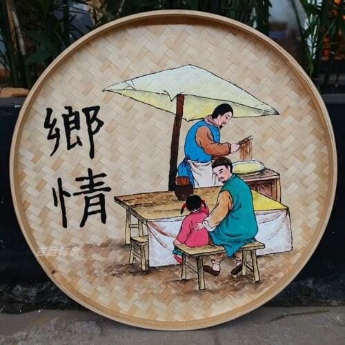 Bamboo Woven Hand-Painted Dustpan Painting Round Canvas Panel Boards Restaurant Hotel Wall Decorative Farmhouse Storage Tray