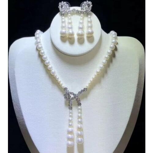 Free shipping Jewelry 4-6mm 8-9mm natural south sea white pearl necklace earring micro inlay zircon crystal pendant