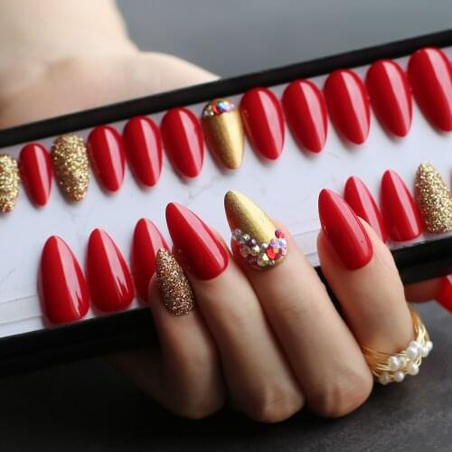 Shiny red Stiletto false nail golden glitter crystal diamond glossy fake nails medium almond art salon