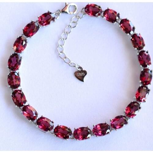 RED Garnet flat oval s925 chain inlaid bracelet 17CM wholesale for women xmas gift
