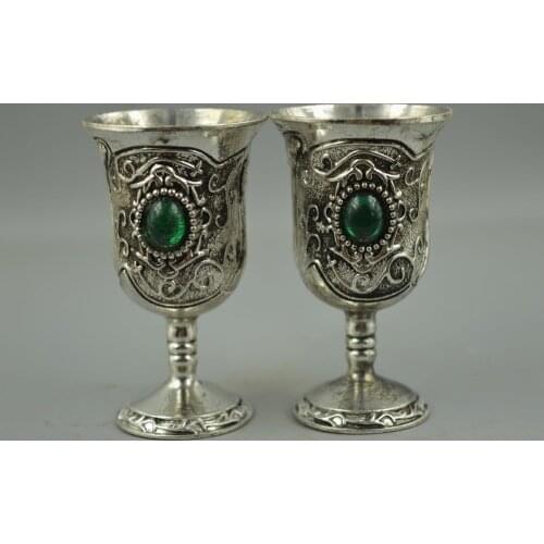 Exquisite Tibet Silver Copper Carve Flower Inlay Bead Rare Pair Wine Cup Gift RT