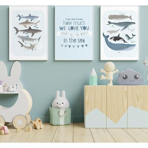 Nautical Ocean Painting Nordic Child Poster Nursery Quote Wall Art Canvas Print Whale Shark Picture for Baby Kids Bedroom Decor